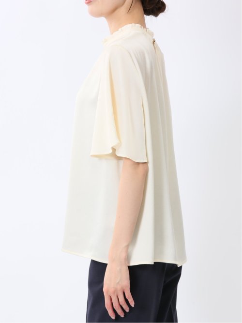 シボサテン ギャザーネック半袖プルオーバーブラウス