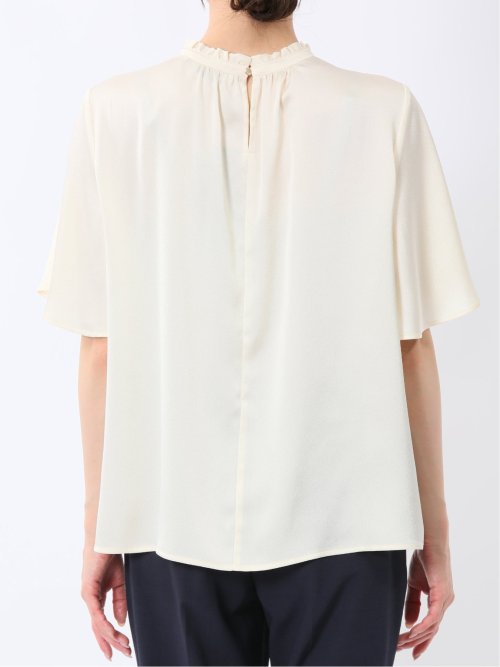 シボサテン ギャザーネック半袖プルオーバーブラウス