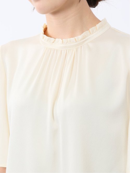 シボサテン ギャザーネック半袖プルオーバーブラウス