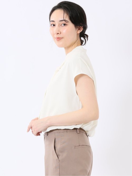 ストレッチ 速乾 UV イージーケア ややゆったり ボウタイ フレンチスリーブ 比翼 ブラウス レディース