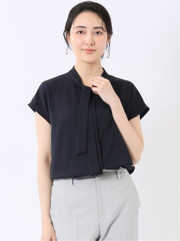 ストレッチ 速乾 UV イージーケア ややゆったり ボウタイ フレンチスリーブ 比翼 ブラウス レディース