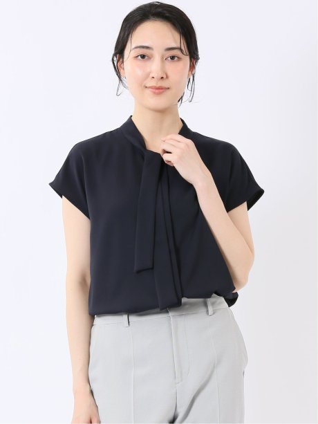 速乾 UV ストレッチ ボウタイ フレンチスリーブ 比翼 ブラウス