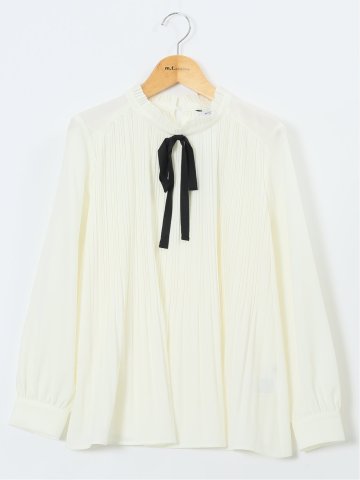 前身プリーツ リボン 長袖プルオーバーブラウス