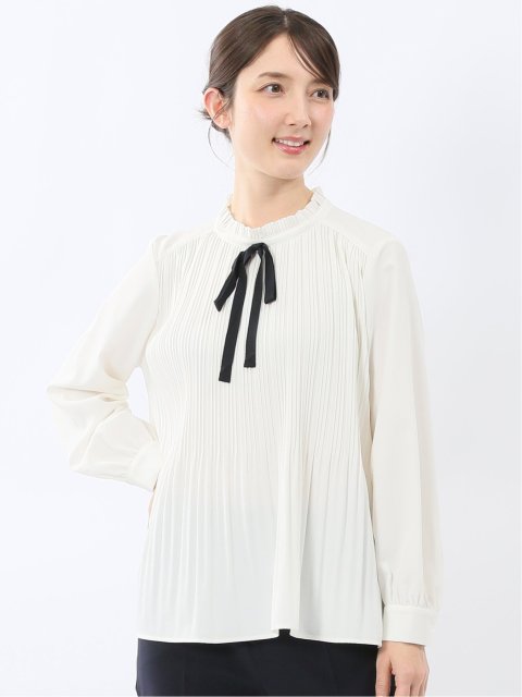 前身プリーツ リボン 長袖プルオーバーブラウス