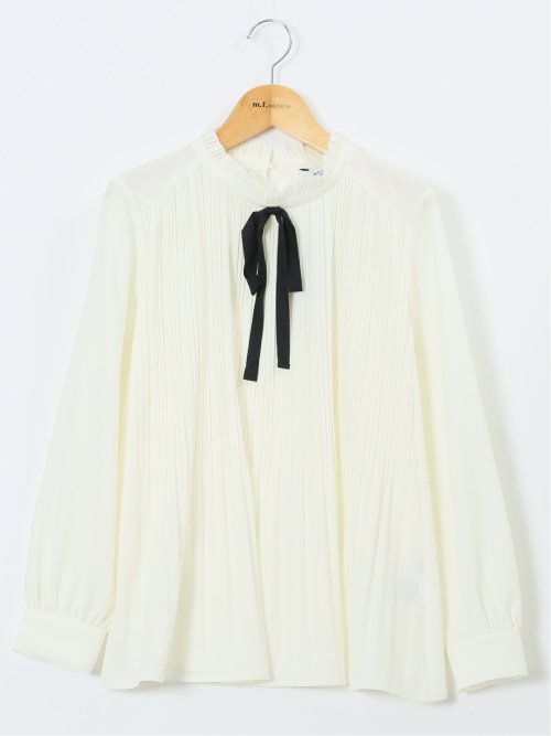 前身プリーツ リボン 長袖プルオーバーブラウス