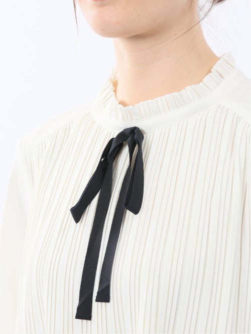 前身プリーツ リボン 長袖プルオーバーブラウス