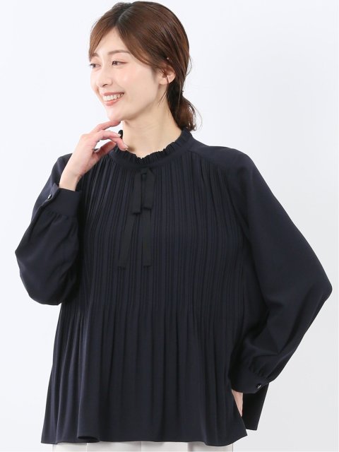 前身プリーツ リボン 長袖プルオーバーブラウス