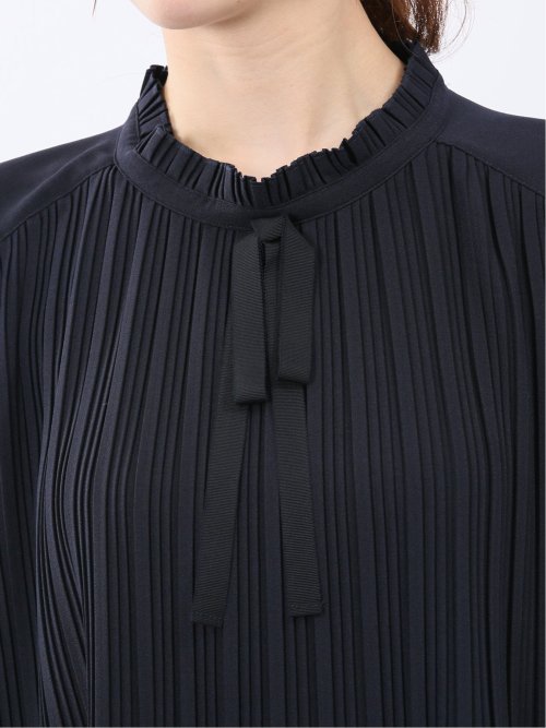 前身プリーツ リボン 長袖プルオーバーブラウス