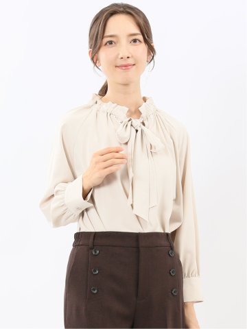 ギャザーリボン 長袖プルオーバーブラウス