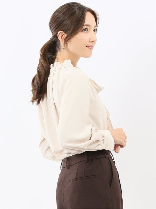 ギャザーリボン 長袖プルオーバーブラウス