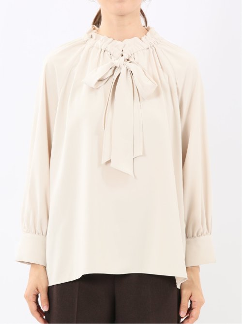 ギャザーリボン 長袖プルオーバーブラウス