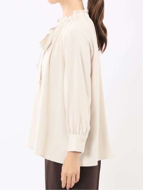 ギャザーリボン 長袖プルオーバーブラウス