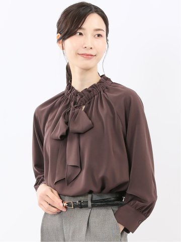 ギャザーリボン 長袖プルオーバーブラウス