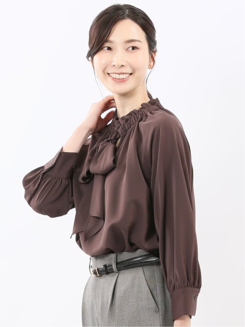 ギャザーリボン 長袖プルオーバーブラウス