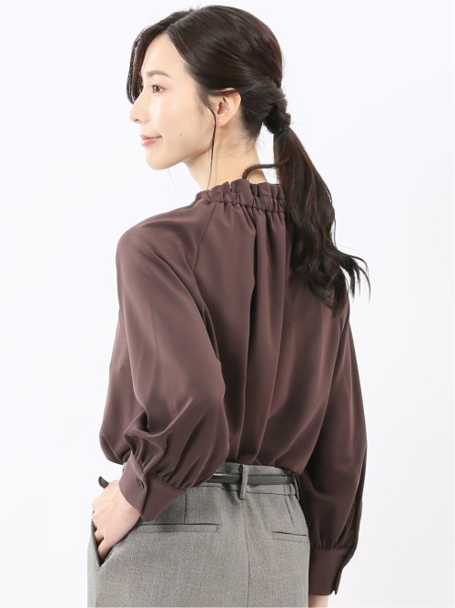 ギャザーリボン 長袖プルオーバーブラウス