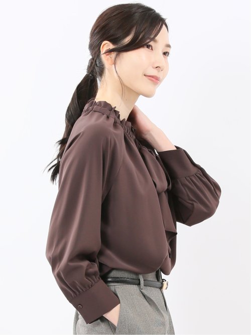 ギャザーリボン 長袖プルオーバーブラウス