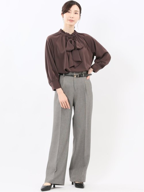 ギャザーリボン 長袖プルオーバーブラウス