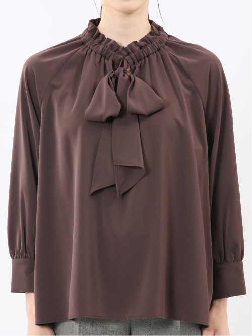 ギャザーリボン 長袖プルオーバーブラウス