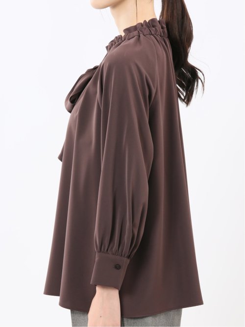 ギャザーリボン 長袖プルオーバーブラウス