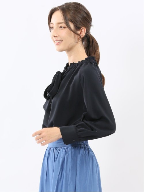 ギャザーリボン 長袖プルオーバーブラウス