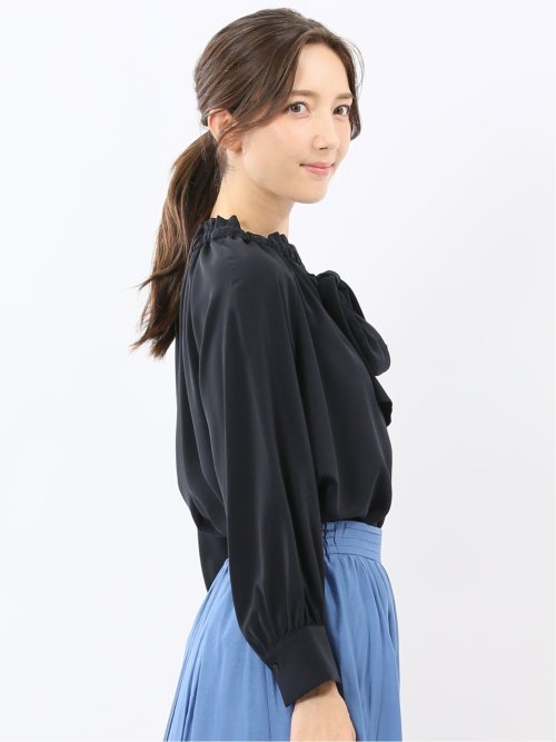 ギャザーリボン 長袖プルオーバーブラウス