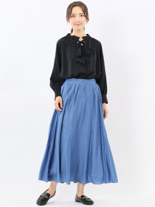 ギャザーリボン 長袖プルオーバーブラウス