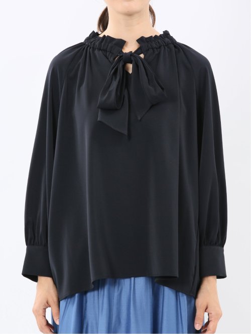 ギャザーリボン 長袖プルオーバーブラウス