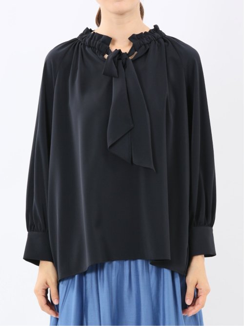 ギャザーリボン 長袖プルオーバーブラウス