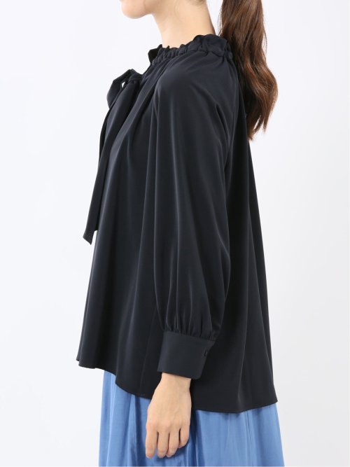 ギャザーリボン 長袖プルオーバーブラウス