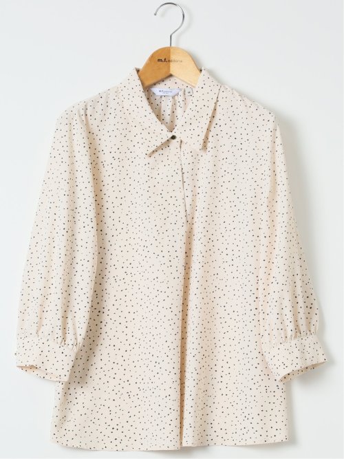 ドット柄 ボウタイ 7分袖 スキッパー ブラウス