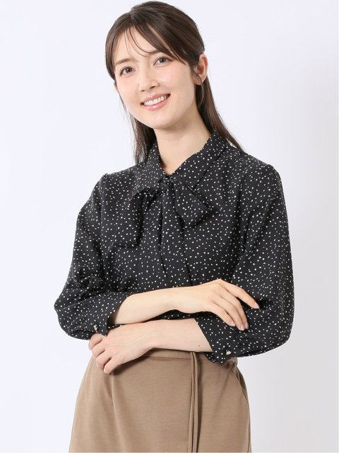 ドット柄 ボウタイ 7分袖 スキッパー ブラウス