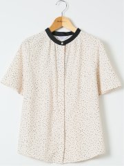 ドット柄 配色 バンドカラー 比翼 半袖 ブラウス