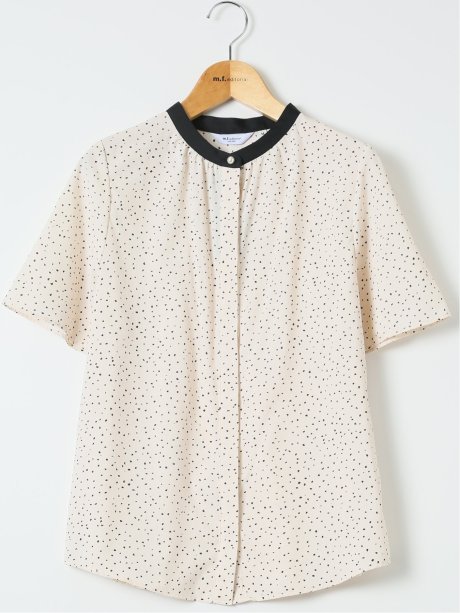 ドット柄 配色 バンドカラー 比翼 半袖 ブラウス