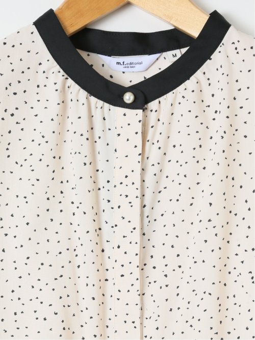 ドット柄 配色 バンドカラー 比翼 半袖 ブラウス