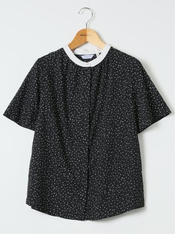 ドット柄 配色 バンドカラー 比翼 半袖 ブラウス