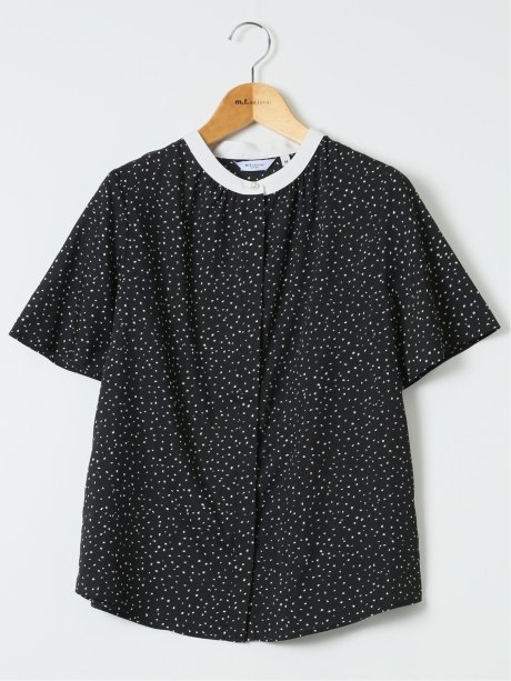 ドット柄 配色 バンドカラー 比翼 半袖 ブラウス