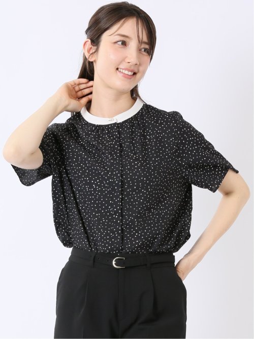 ドット柄 配色 バンドカラー 比翼 半袖 ブラウス