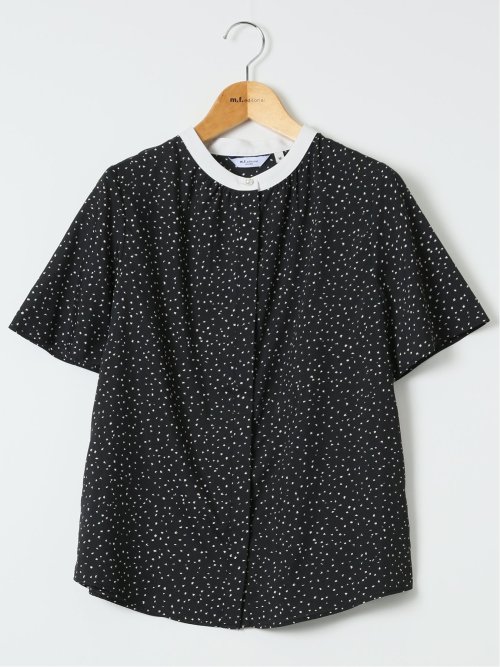 ドット柄 配色 バンドカラー 比翼 半袖 ブラウス