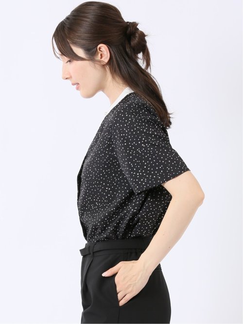 ドット柄 配色 バンドカラー 比翼 半袖 ブラウス