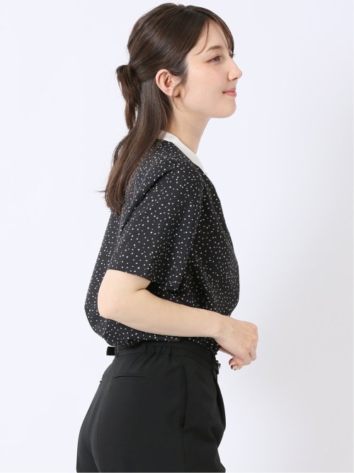 ドット柄 配色 バンドカラー 比翼 半袖 ブラウス