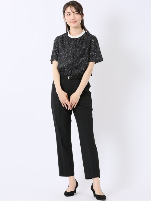 ドット柄 配色 バンドカラー 比翼 半袖 ブラウス