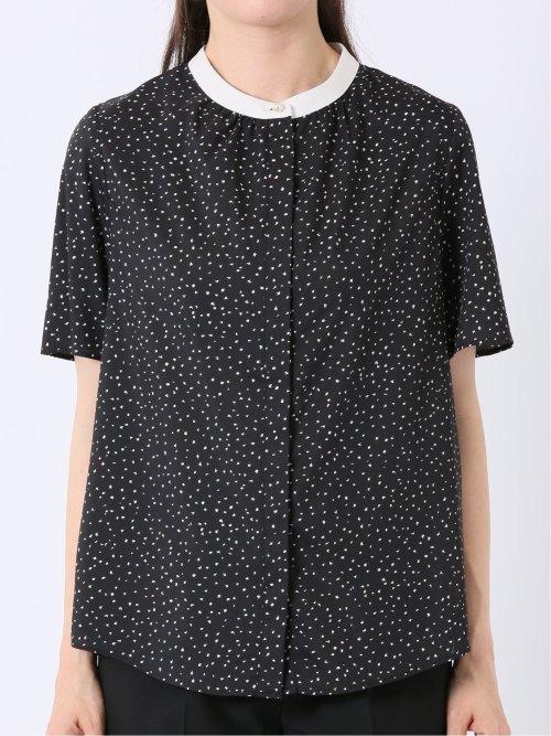 ドット柄 配色 バンドカラー 比翼 半袖 ブラウス