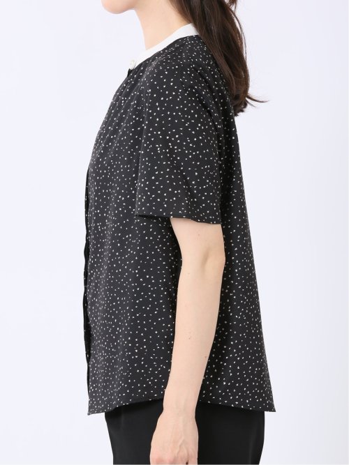 ドット柄 配色 バンドカラー 比翼 半袖 ブラウス