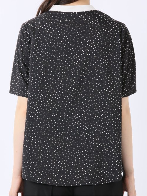 ドット柄 配色 バンドカラー 比翼 半袖 ブラウス