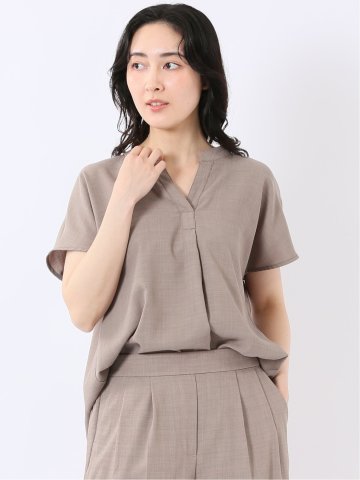 ストレッチ ウォッシャブル 撥水 UVカット 麻調 ややゆったり 半袖 プルオーバー ブラウス セットアップ可能 レディース