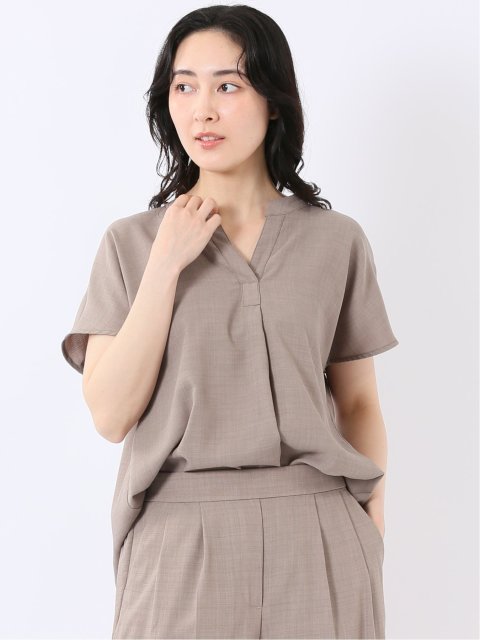 ストレッチ ウォッシャブル 撥水 UVカット 麻調 ややゆったり 半袖 プルオーバー ブラウス セットアップ可能 レディース
