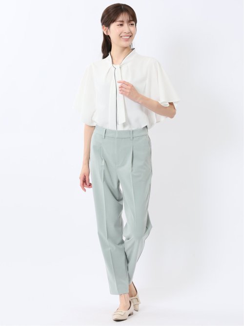 配色ボウタイ 半袖比翼ブラウス