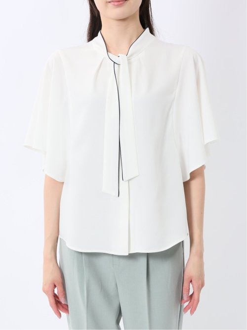 配色ボウタイ 半袖比翼ブラウス