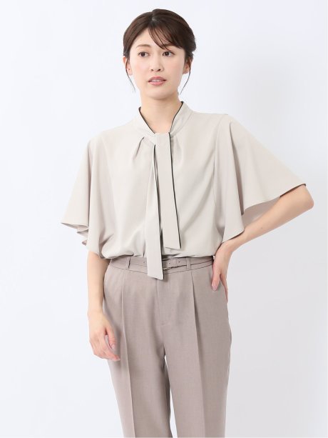 配色ボウタイ 半袖比翼ブラウス