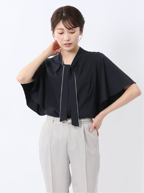配色ボウタイ 半袖比翼ブラウス
